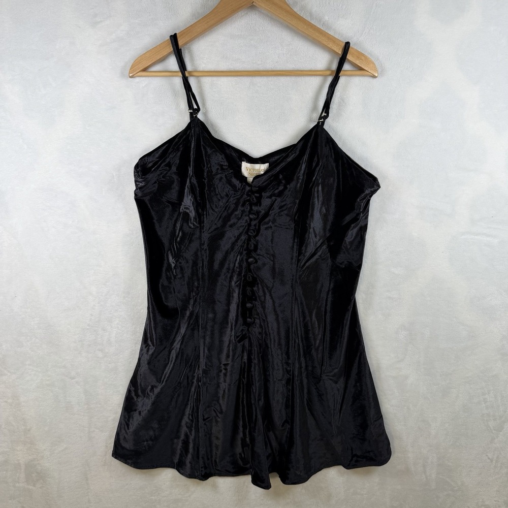 Vintage Runway Victoria's Secret Black Satin Camisole Button Front Lingerie Sz L